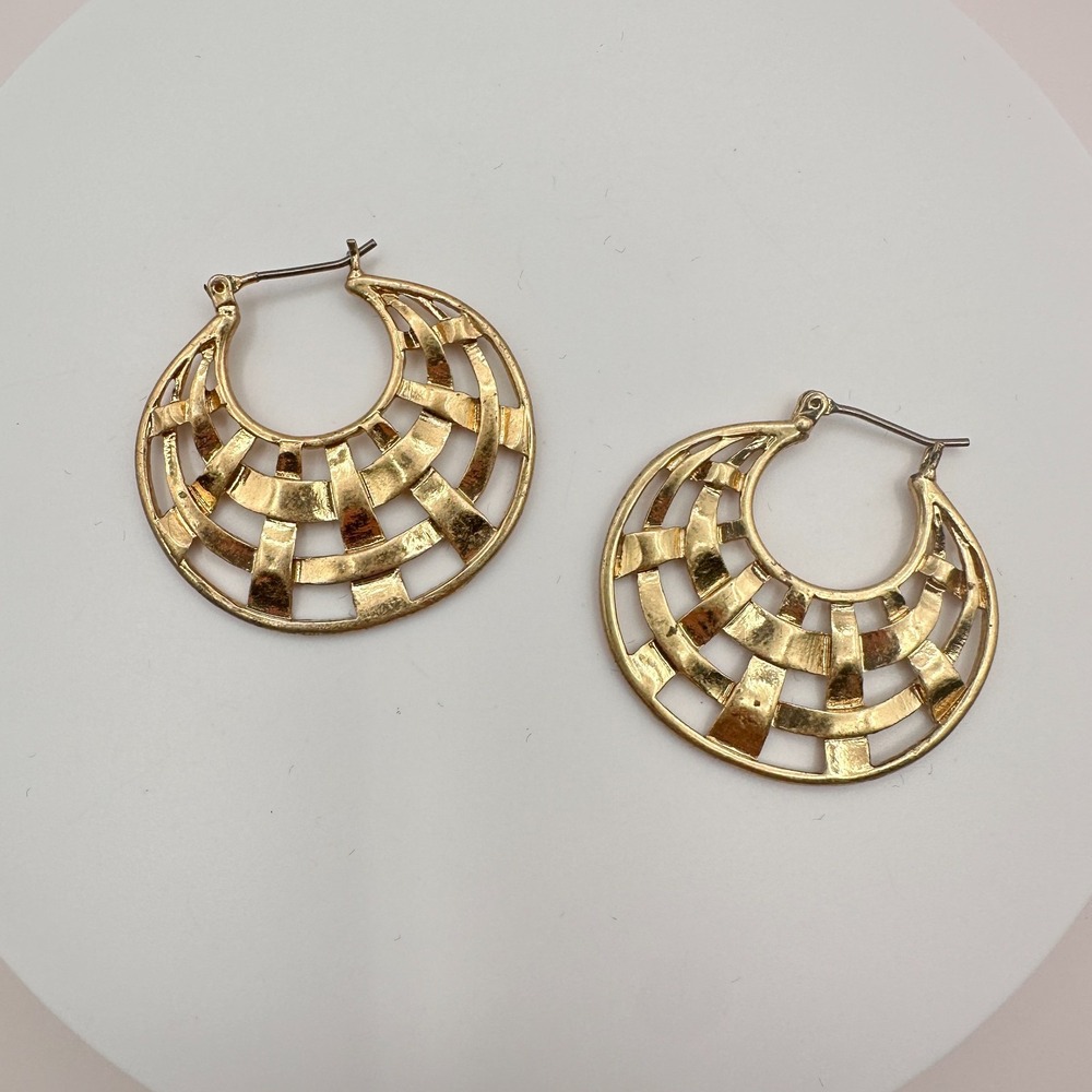 Vintage Y2K Gold Tone Lattice Hoop Earrings Boho Jewelry